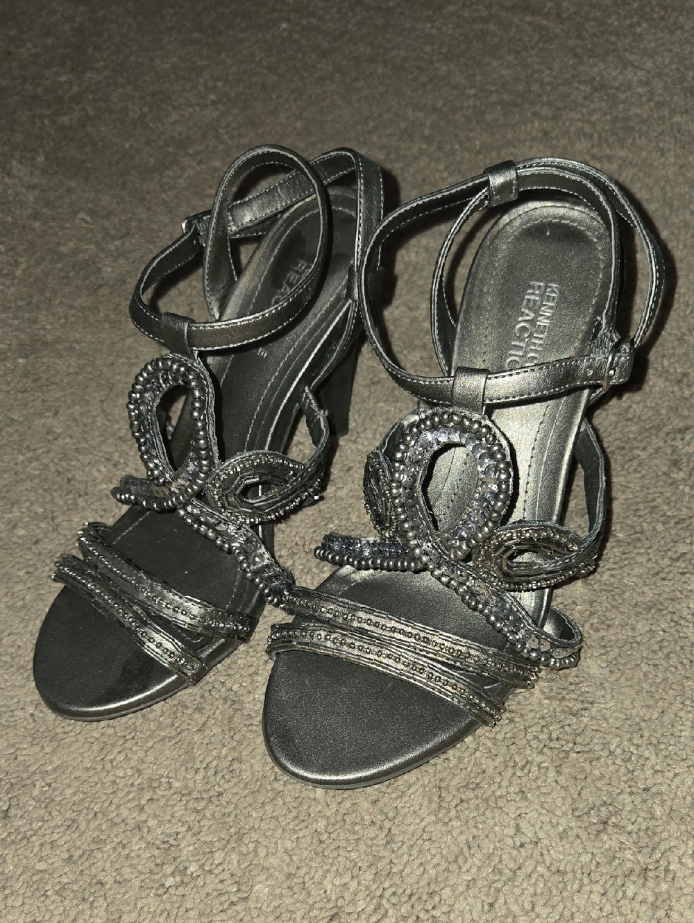 Kenneth Cole Reaction Metallic Gunmetal Beaded Heeled Sandals